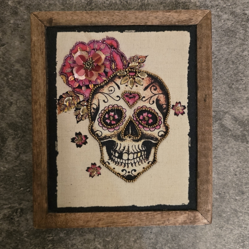 Embroidered Skull Art with Pink Floral Accents